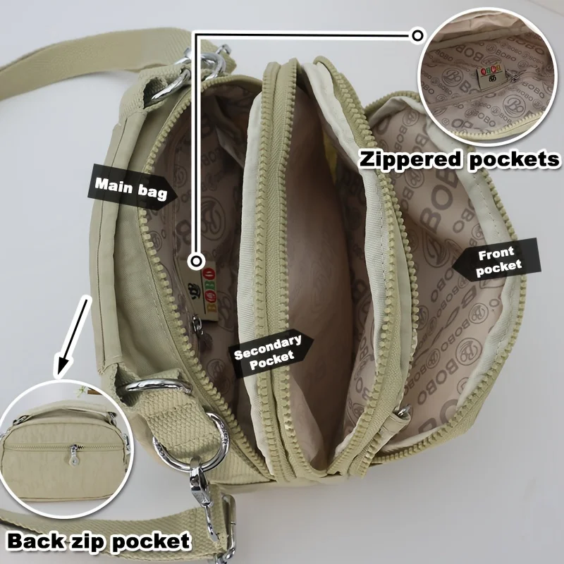 Women's Multi-Pocket Nylon Crossbody Bag, Fashionable Handbag Message Bag with Removable Shoulder Strap. view 6