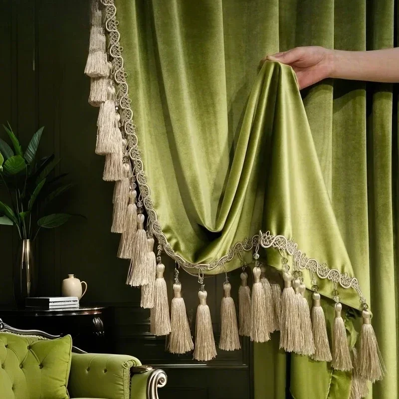 French Light Luxury Olive Green Velvet Curtains for Living Room Bedroom High-end Curtains New European Villa Custom Size Decor