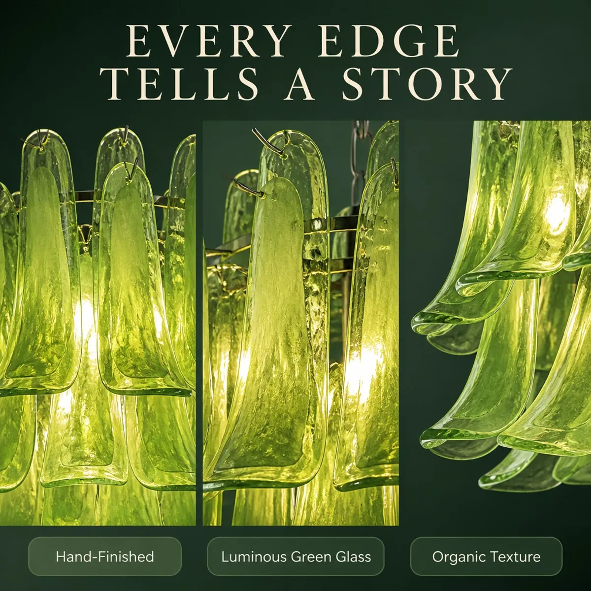 Vintage Italian 2026 Designer Chandelier Green Murano Glass Layered Cascade Height Adjustable Chrome Frame for Dining Room