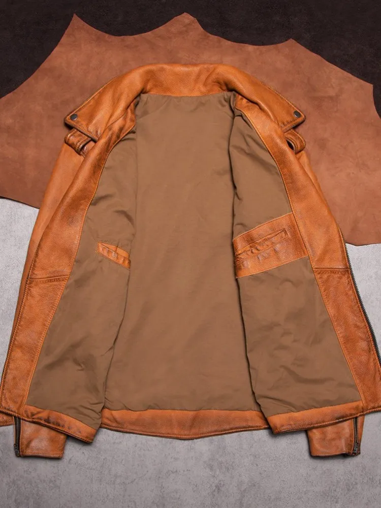 American Style Retro Mens Cowhide Jacket High Quality Male Genuine Leather Lapel Collar Jackets Zipper Warm Coat Windproof Coats
