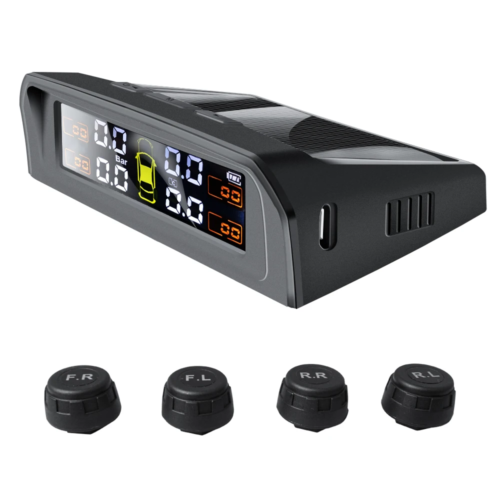 TPMS Car Tire Pressure Alarm Monitor System Real-time Display Attached to glass wireless Solar power with 4 sensors