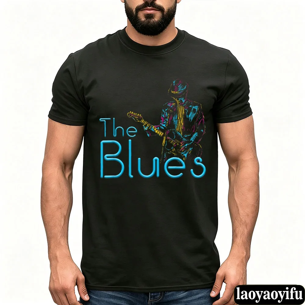 Colorful Guitar Player Graphic Tee Vintage The Blues Guitarist Short Sleeve Crew Neck Cotton Casual Music Loose Tshirt