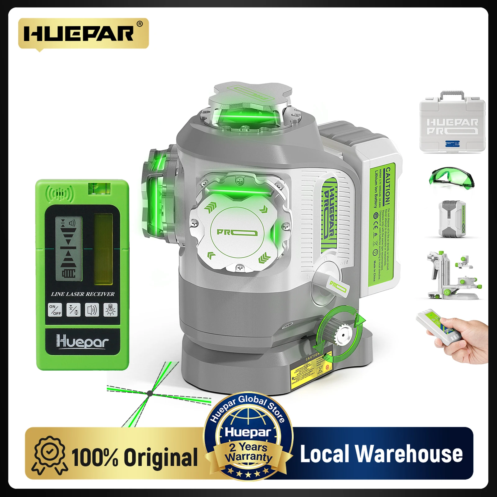 Huepar 360 ° Laser vert 12 lignes haute précision, outil laser croisé auto-nivelant pivotant autour d'un point avec télécommande et détecteur GS03CG