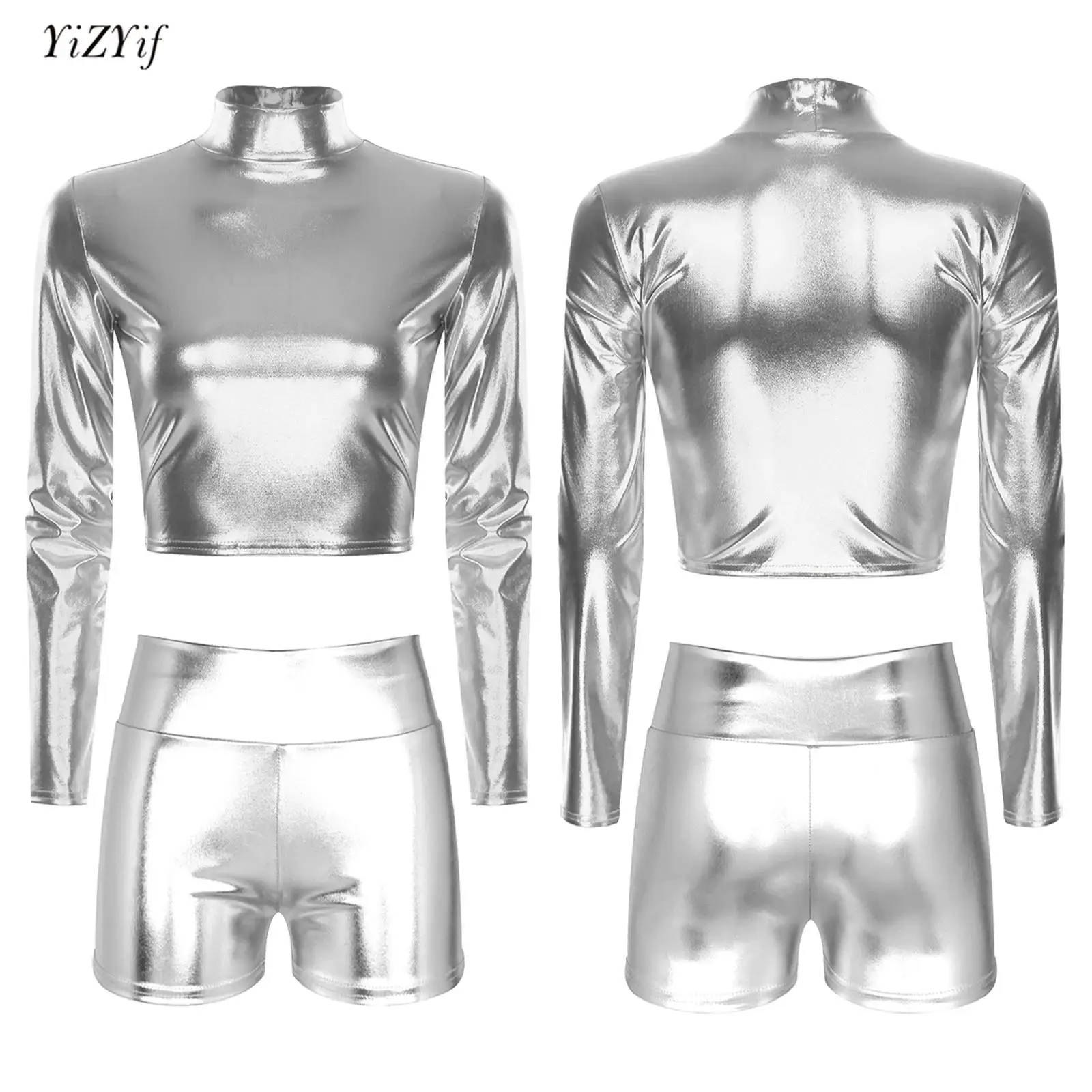 

Womens Jazz Dance Costumes Streetwear Metallic Mock Neck Long Sleeve Crop Top+Shorts Pants for Club Stage Party Raves Dancewear