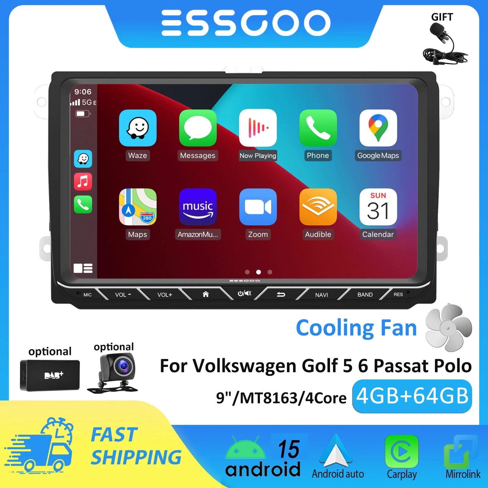 ESSGOO 9' Autoradio für Volkswagen Golf 5 6 Passat Polo Android Auto Carplay Autoradio 4GB 64GB GPS RDS Automotive Multimedia-Player mit Lüfter für SEAT Alhambra/Altea/Toledo für SKODA