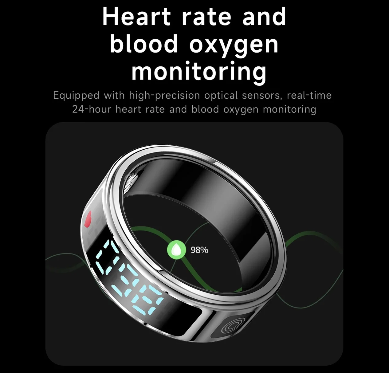 SR08 LED Smart Ring Display Screen Uomo Donna Frequenza cardiaca Monitoraggio dell'ossigeno nel sangue Modalità multi sport IP68 5ATM Impermeabile