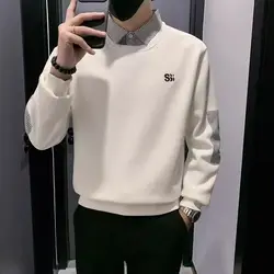 남성용 패션 라펠 줄무늬 레터 가짜 투피스 스웨트 셔츠, 루즈한 한국 상의, 캐주얼 스웨트 셔츠, 2024 가을 신상