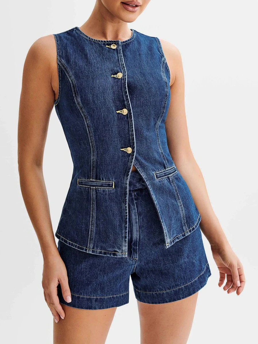 Women's Denim Long Vest Tops Summer Fashion Button-up Back Slit Sleeveless Vest Pocket Round Neck Waistcoat Streetwear