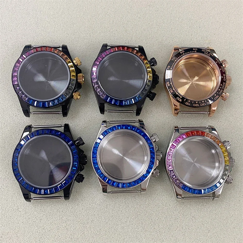 

New PVD Black Watch Case 39mm Stainless Steel Sapphire Glass Case Fits for VK63 Movement Unique Blue/Colored Crystal Bezel DIY