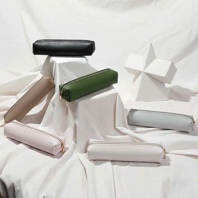 Fashion PU Leather Pen Bag Water Dirt-Proof Storage Bag Large Capacity Pencil Case Simple Stationery Box