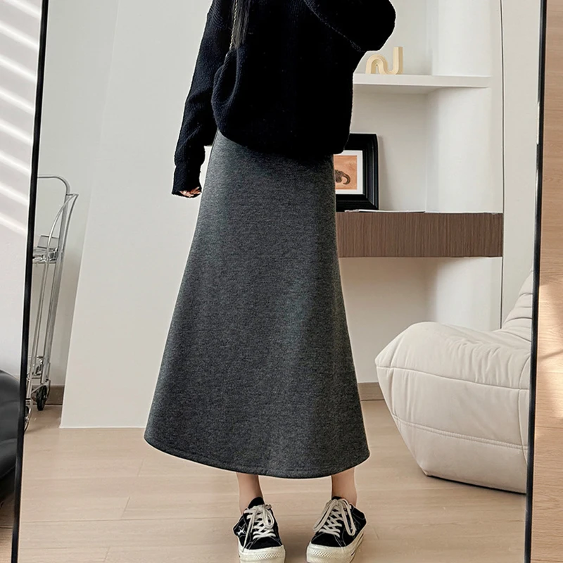 Autumn Winter Fleece Midi Skirts Women Korean Fashion High Waist Mermaid Skirt Woman Knitted Thicken Warm Long Skirts Female