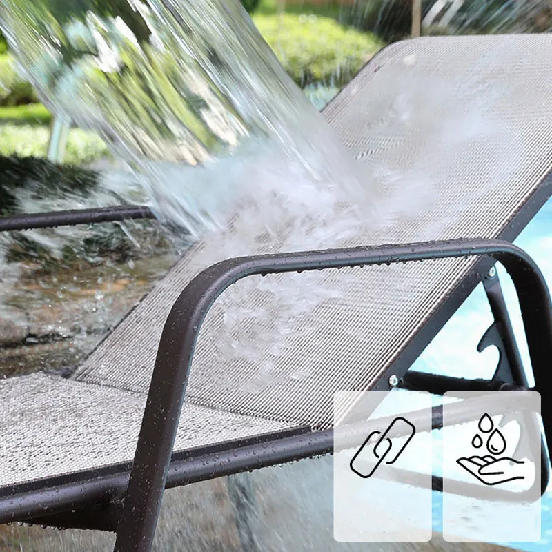 Sillas de playa al aire libre, piscinas, sillones, villas, jardines, lugares de ocio populares, descansar y tumbarse en camas