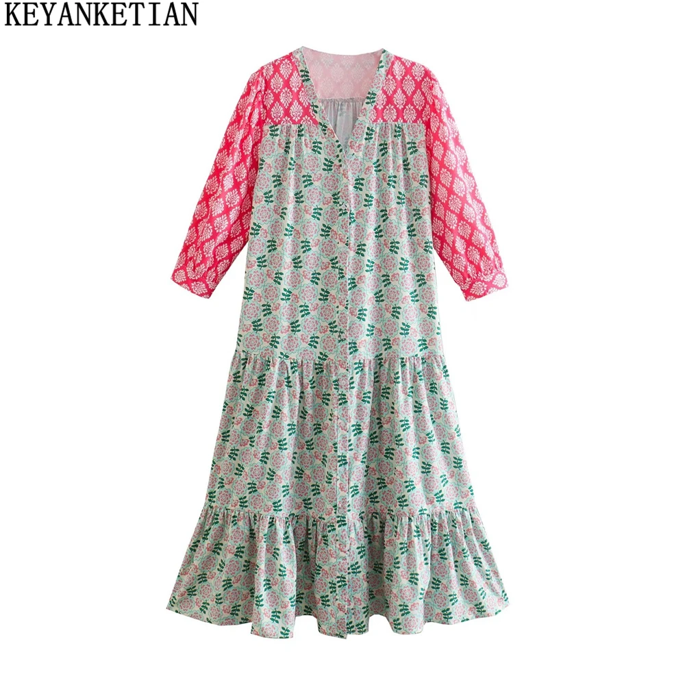 

KEYANKETIAN Ladies Contrast Color Printed Long Sleeve Dress 2022 New Sweet Wind Rustic Floral Ruffle Splicing Ladies Ankle Skirt