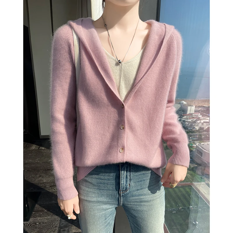 Neu 2025 Damen-Strickjacke, 100 % Kaschmir-Pullover, Frühling und Sommer, dünne Ausgabe, langärmelig, gestrickt, Kapuzenpullover, kurzer Mantel
