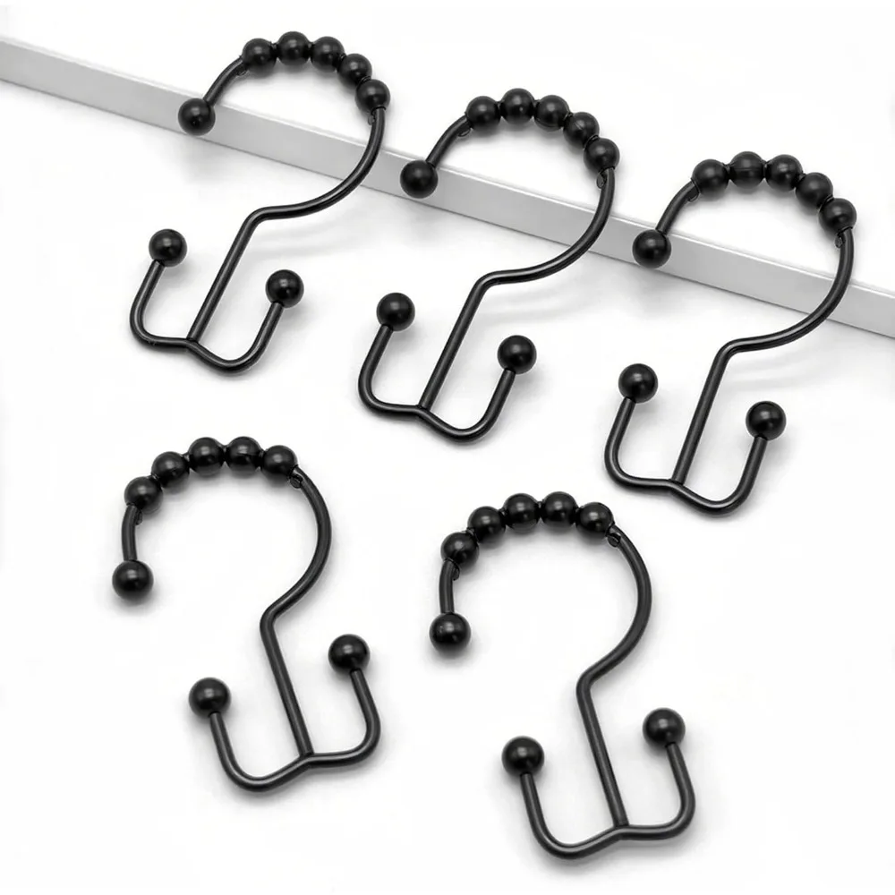 Shower Curtain Hooks, 12 Pcs Rustproof Metal Shower Curtain Rings,Free Sliding Double Shower Hooks for Shower Curtain & Liners, Shower Curtain Hangers for Bathroom Shower Curtain Rods Curtains (Black) view 6