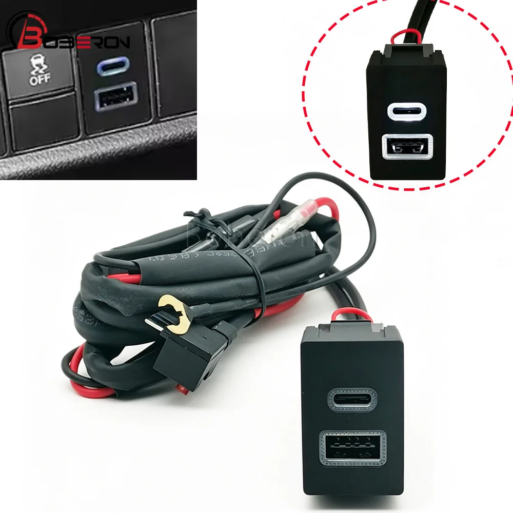 White LED Fit for Honda CRV BREEZE URV Car Charger Dual QC3.0 USB TYPE C PD Phone Charge Adapter with Cable Accessories