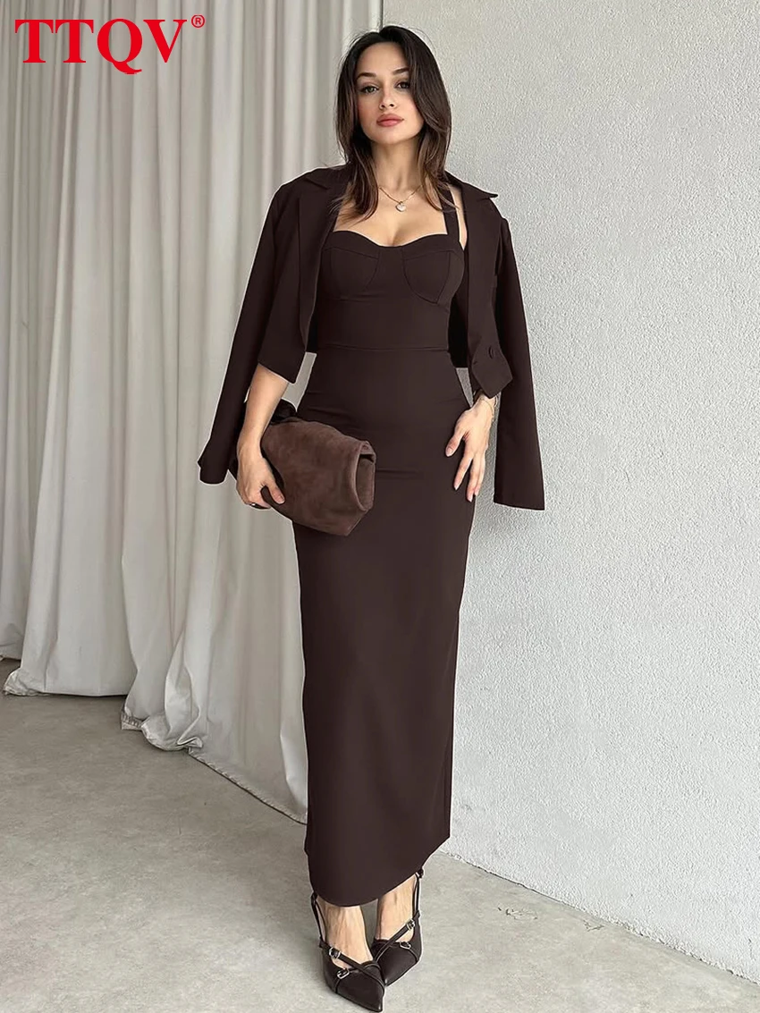 

TTQV Sexy Slim Brown Dress Set 2 Piece Woman 2026 Fashion Long Sleeve Crop Top With Sleeveless Ankle Length Dresses Set Female