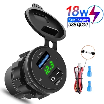 Kebidu 18w telefone qc 3.0 tomada de carregador de carro display digital voltímetro dc 12v-24v tomada de carga usb interruptor liga-desliga para motocicleta