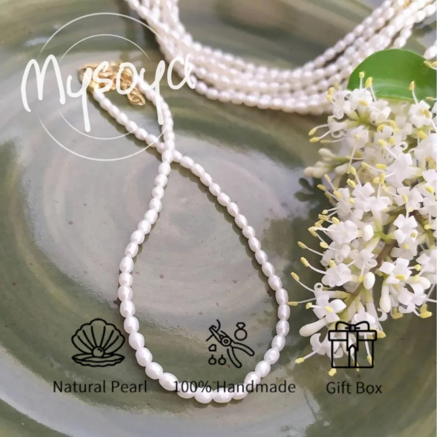 

Mysoya Mini Freshwater Pearl Necklace, Rice-shaped Pearls, 5-5.5mm Small Pearls Gift Box Gift for Him Her for Birthdays Weddings