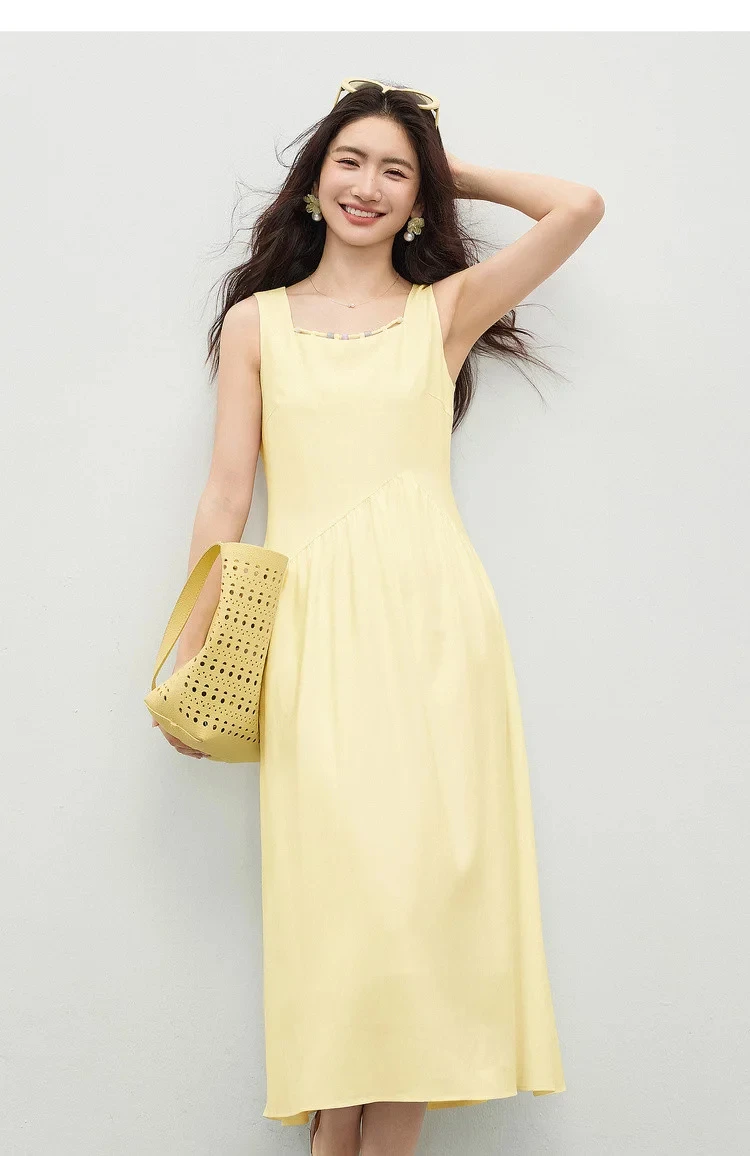 SENTUBILA Damen Ärmelloses Midikleid 2026 Sommer Elegantes Minimalistisches Ausgeschnittenes Perlenbesetztes Kleid mit Quadratischem Ausschnitt und Plissee-A-Linie 162LP6225 – Detail 27