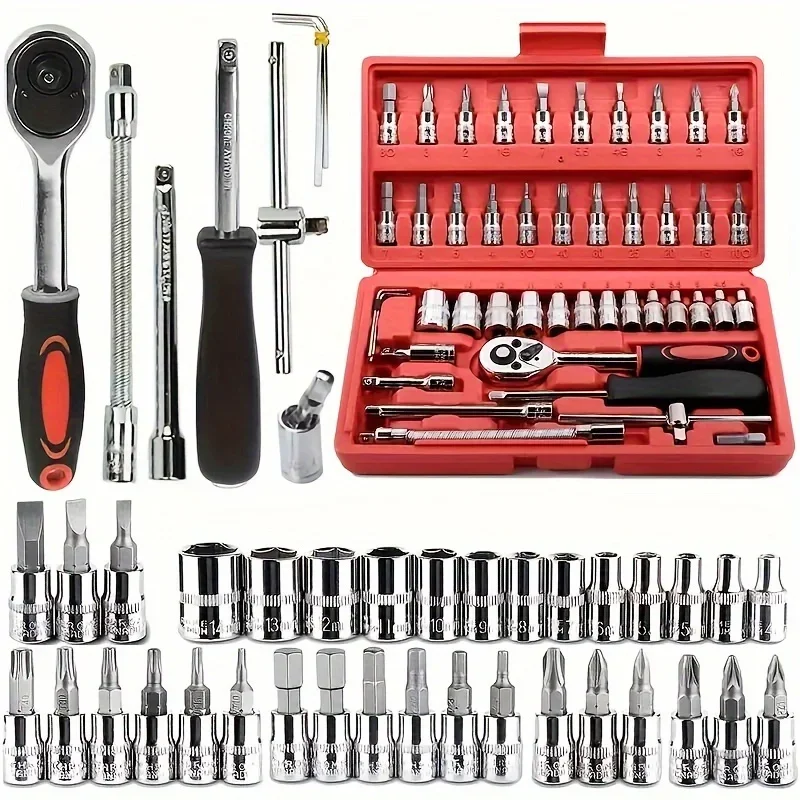 46-Piece Multifunctional Tool Box Set with Quick Ratchet Wrench Screwdriver and Storage Box for Car Bike Motorcycle Repair