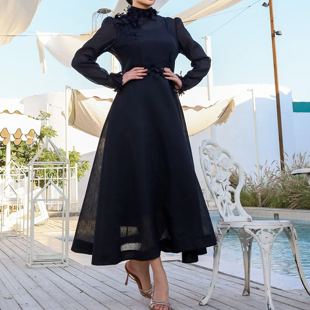 

Customized A-Line Evening Dresses Tea-Length High-Neck Full Sleeve Prom Gown Fashion Flowers Sashes Simple Draped Party Gown