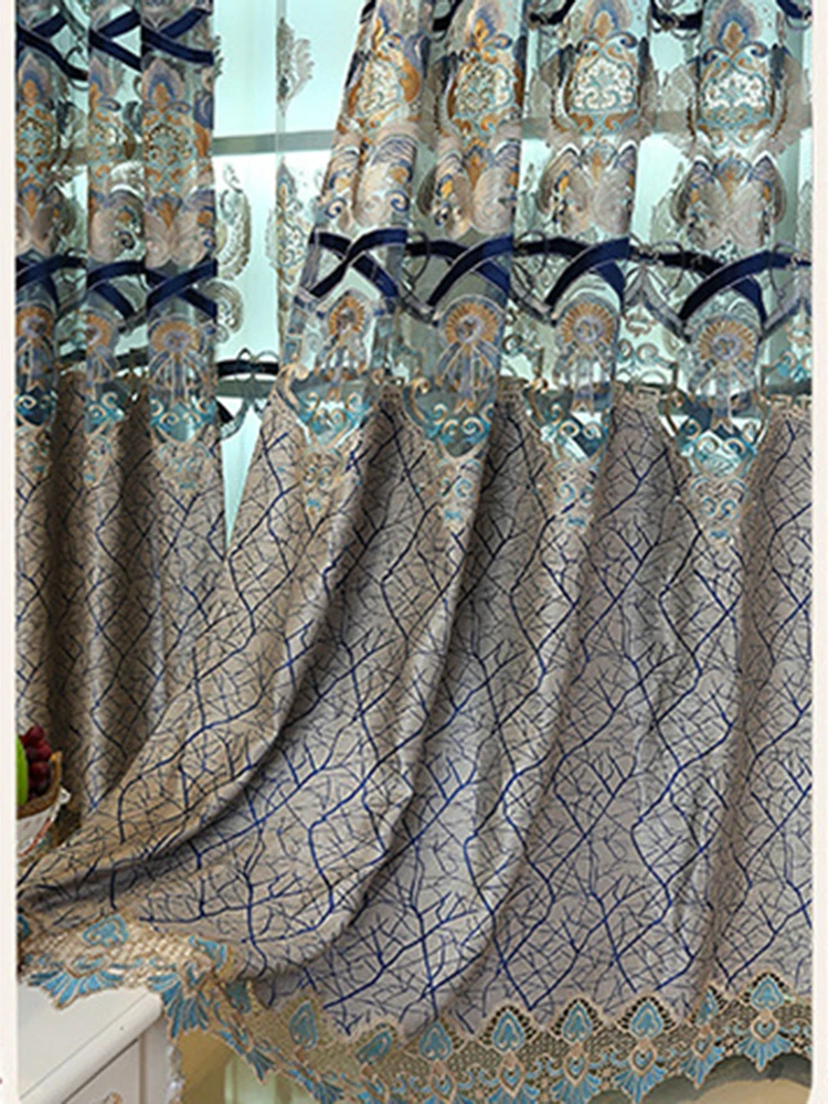 European High grade Water Soluble Curtains for Living Room Bottom Jacquard Stitching Blue Peacock Embroidered Sheer Curtain