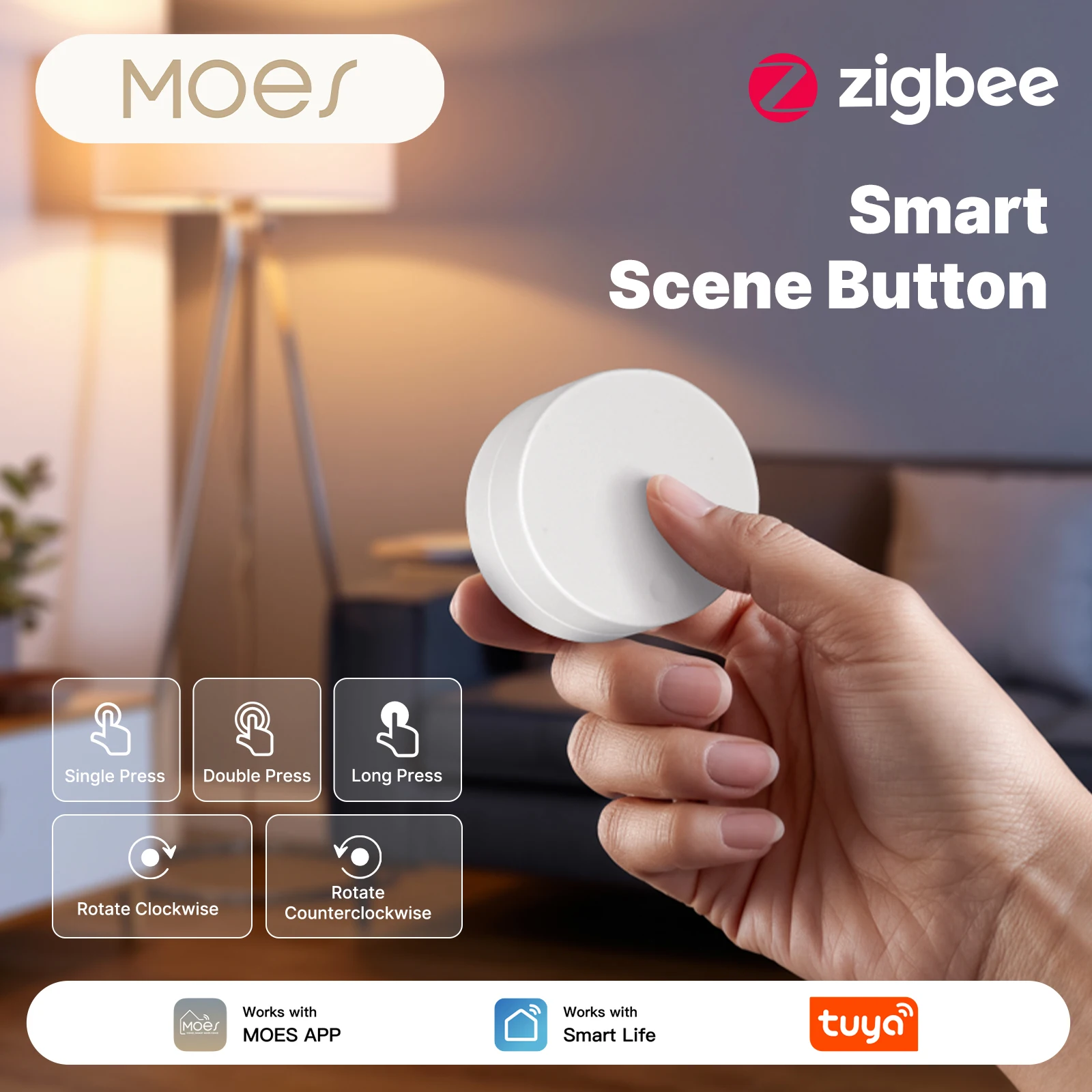 MOES Zigbee Wireless Scene Button Rotary Knob, Multi‑Function Smart Remote Controller Work with Tuya Smart Life MOES APP