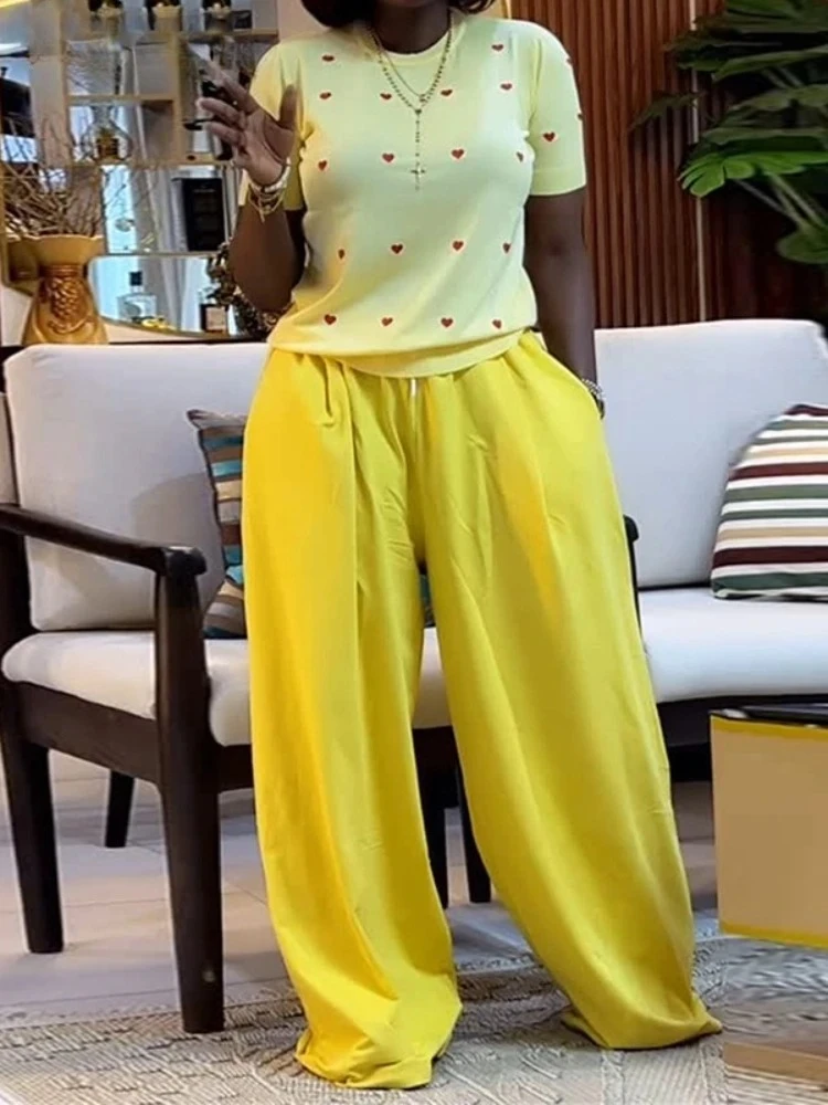 

Comfortable Fashion Women's Set Love Short Sleeve T-shirt and Wide Leg Pants 2025 Summer Active Two Piece Sets Outfit Tracksuit