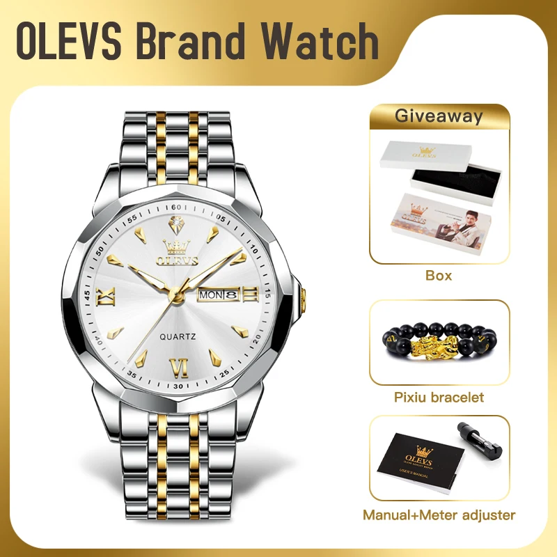 

OLEVS 9998 Mens Watch Original Rhombus Mirror Quartz Mature Man Watch Waterproof Luminous Dual Calendar Display Watch For Man