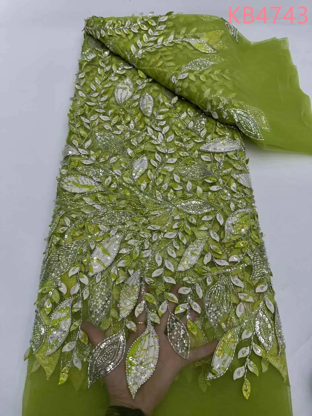 

Green Beaded Embroidered Fabrics Of 5 Yards New Designs African Fabric Lace High Quality 2025 Sequins Lace For Sewing KB4743