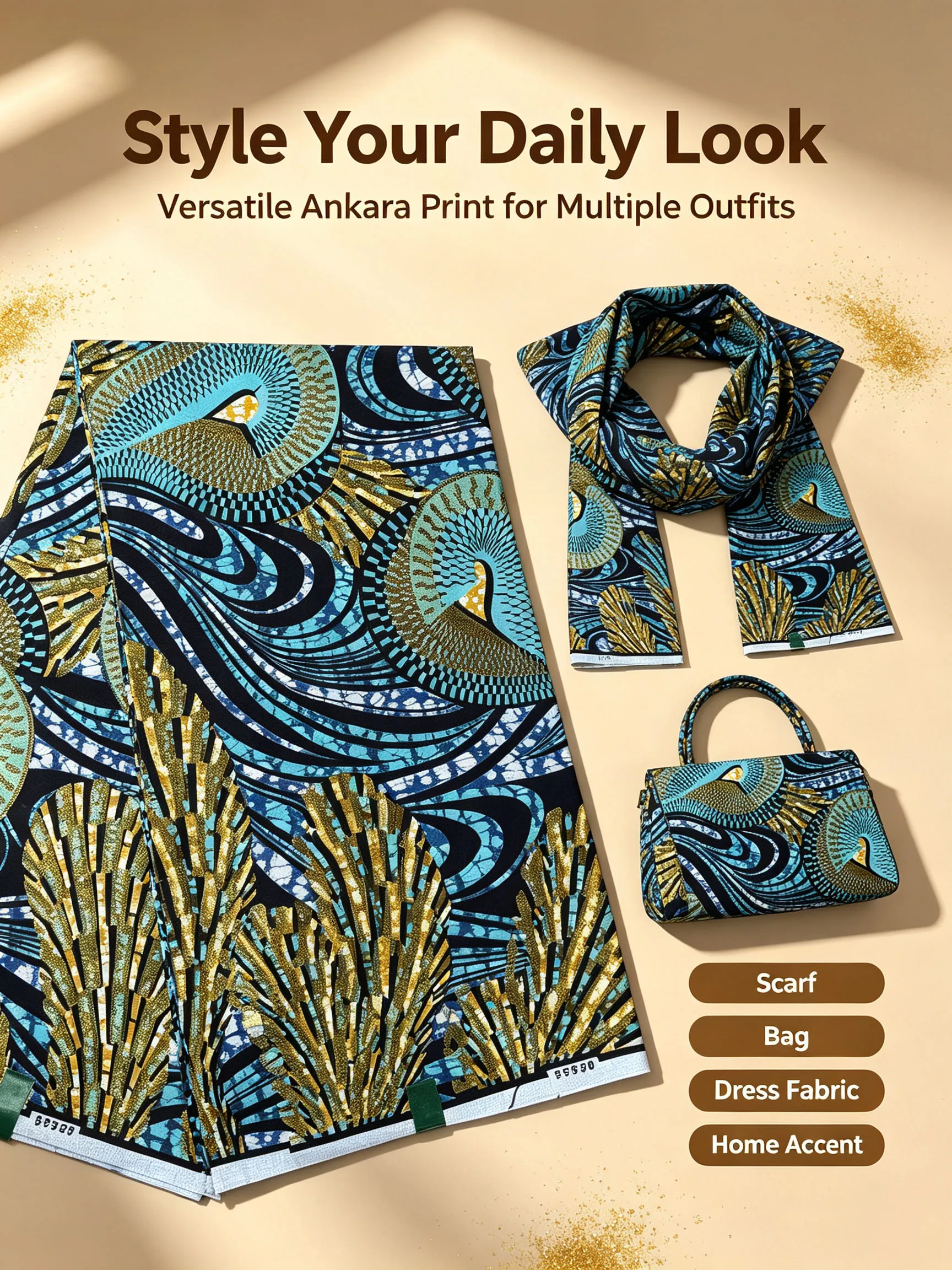 African Golden Glitter Ankara Wax Fabric Blue Black Print High Quality 6Yards Veritable Pagne Material For Women Party Dress view 2