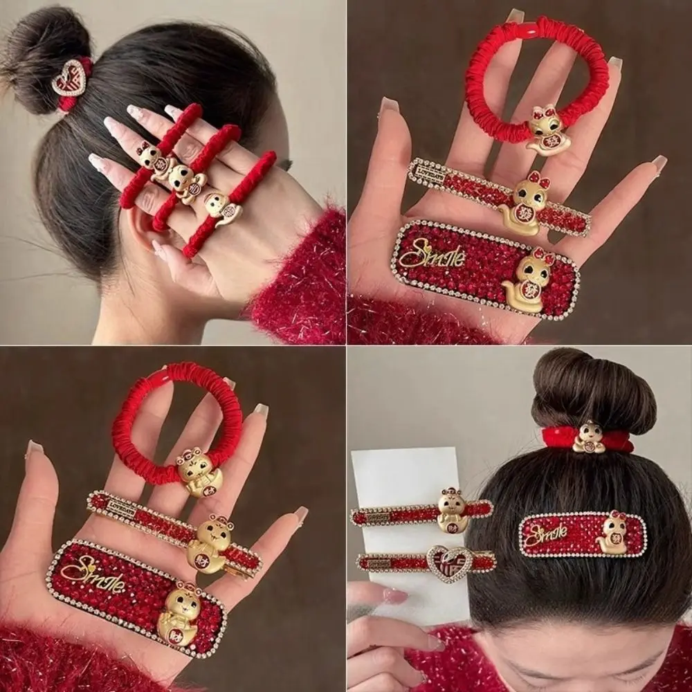 Cute Animal Zodiac Dragon Hair Clip New Year Headwear Cartoon Red Rhinestone Hairpin Headdress Chinese Style Daily