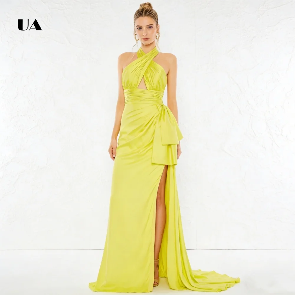 

ULBYANRY Satin Mermaid Prom Dress with Crisscross Halter, Solid Backless Draped Evening Dress, Sleeveless Customized Party Gown