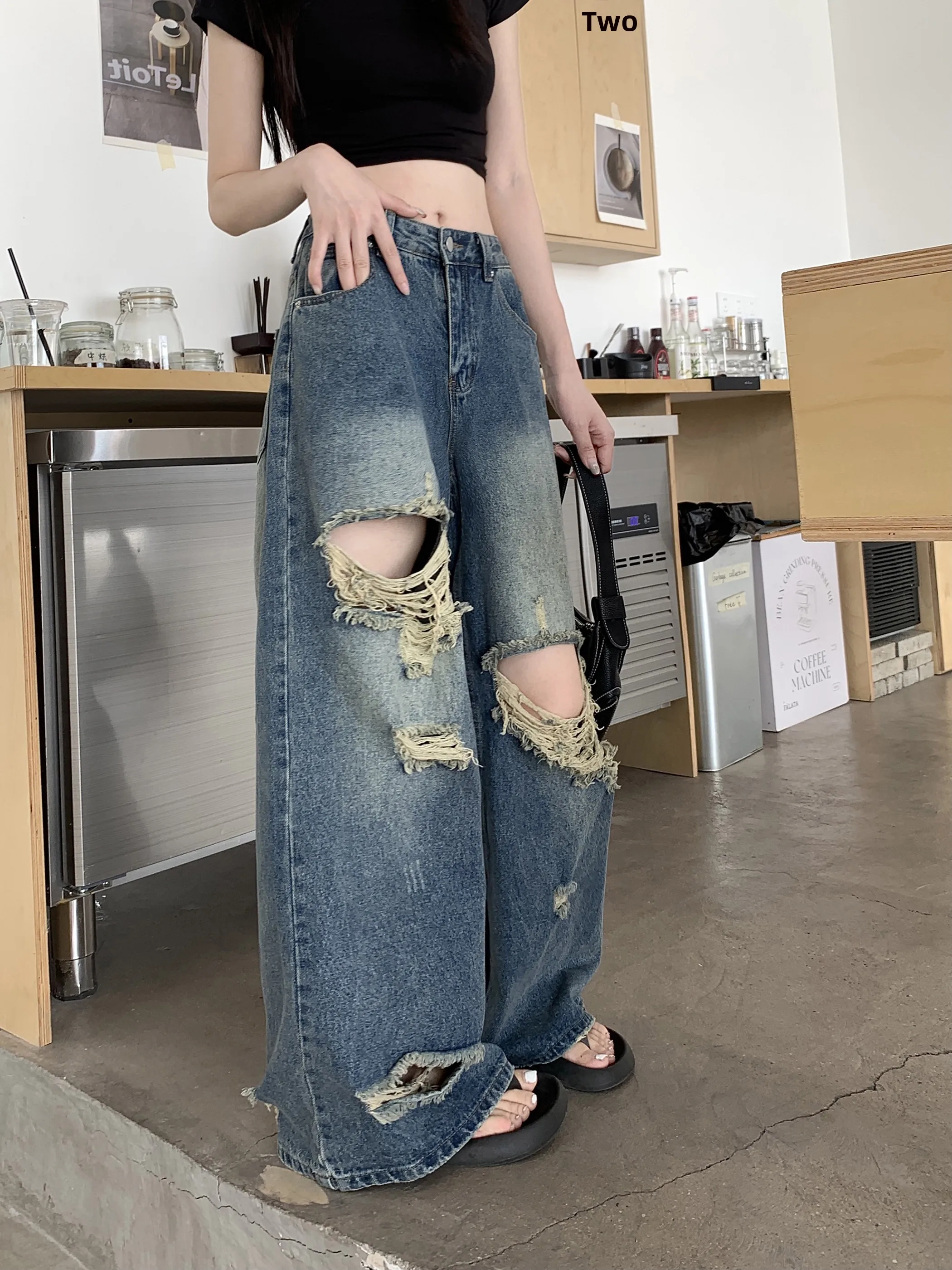 

Off American High Street Blue Waed Vintage Hole Denim Pants Women's Autumn Winter Small Size Loose Wide Leg Jeans