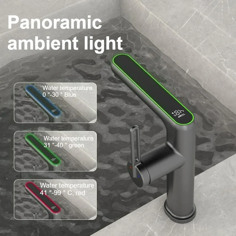 

Temperature Display Basin Faucet LED Light 2 Modes Hot Cold Water Sink Mixer Wash Tap Single Hole for Bathroom