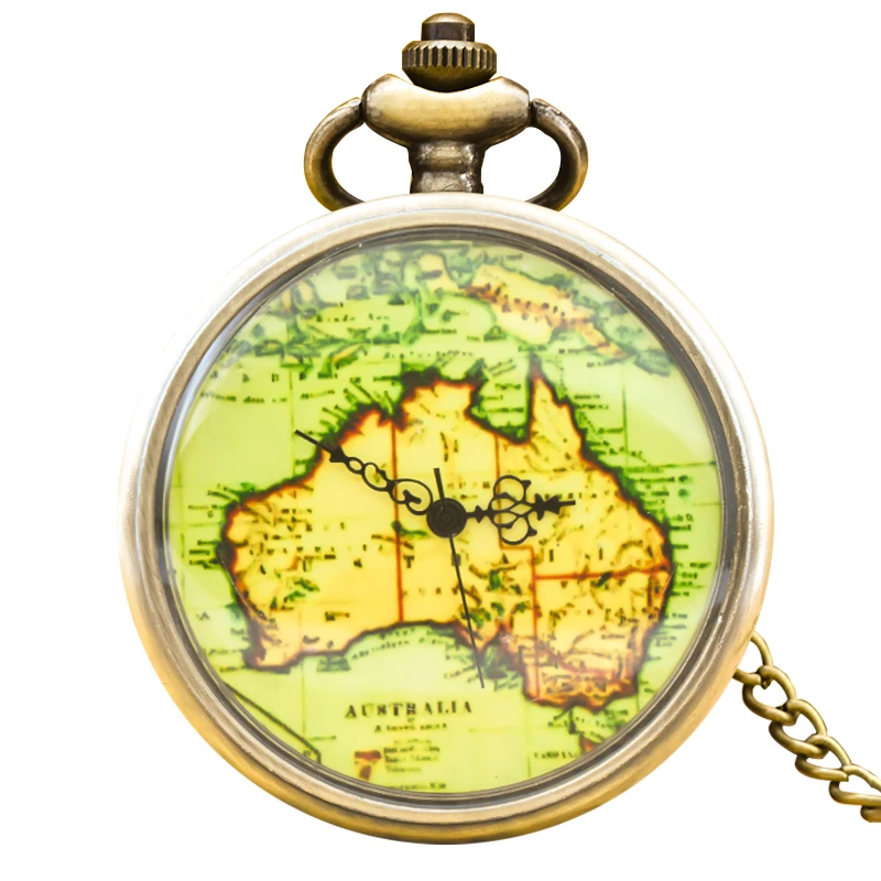 Vintage Bronze Steampunk No Cover Map Dial Quartz Pocket Watch Necklace Pendant Clock Chain Men Women Chain Gift