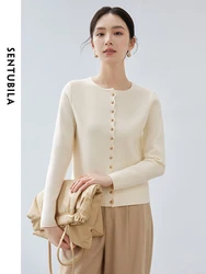 SENTUBILA Women Simple Knitted Pullovers   2024 Spring Autumn Wave Edge O Neck Metal Single Breasted Elegant Tops W43H56369