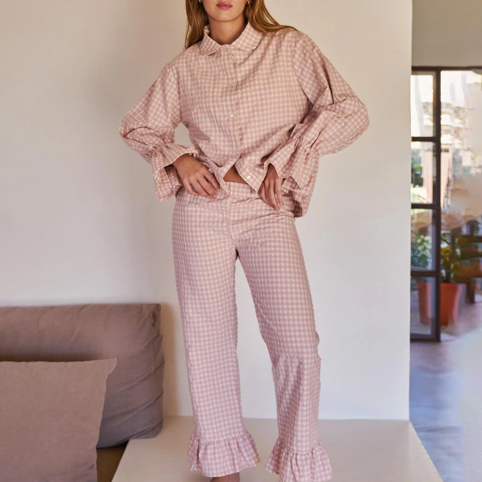 Gaono Women Y2k Pajama Set Plaid Flare Cuff Long Sleeve Shirts Tops and Ruffle Long Pants Two Piece Autumn Loungewear Outfits