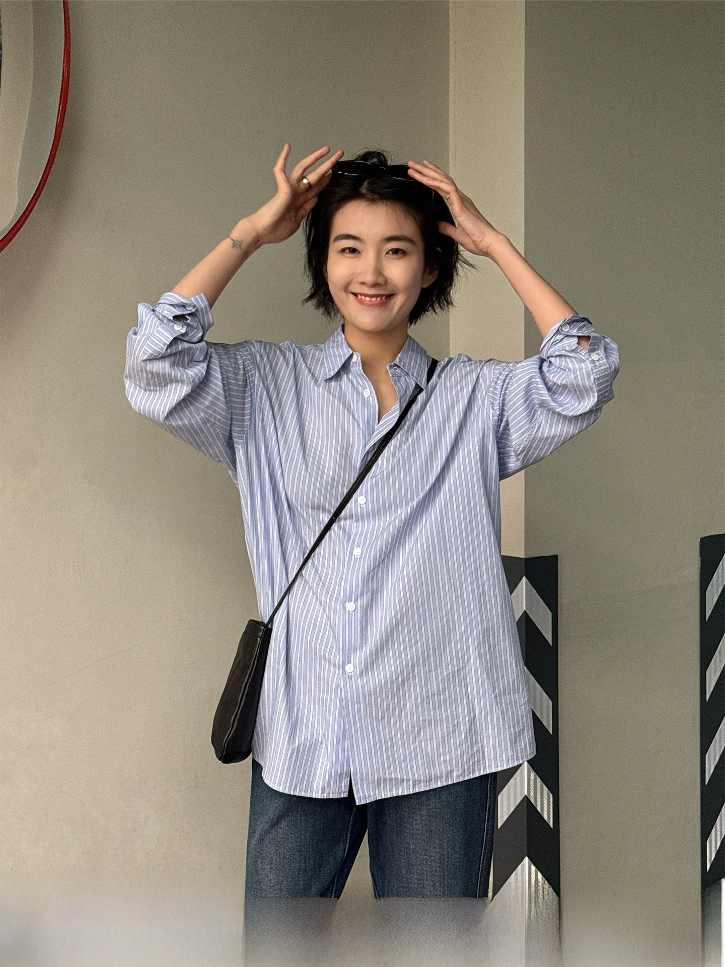 

Langqing Blue Striped Pure Cotton Women's Shirt Loose Fit Long Sleeve Button up Mid-Length Open Cardigan Style Commute Wear