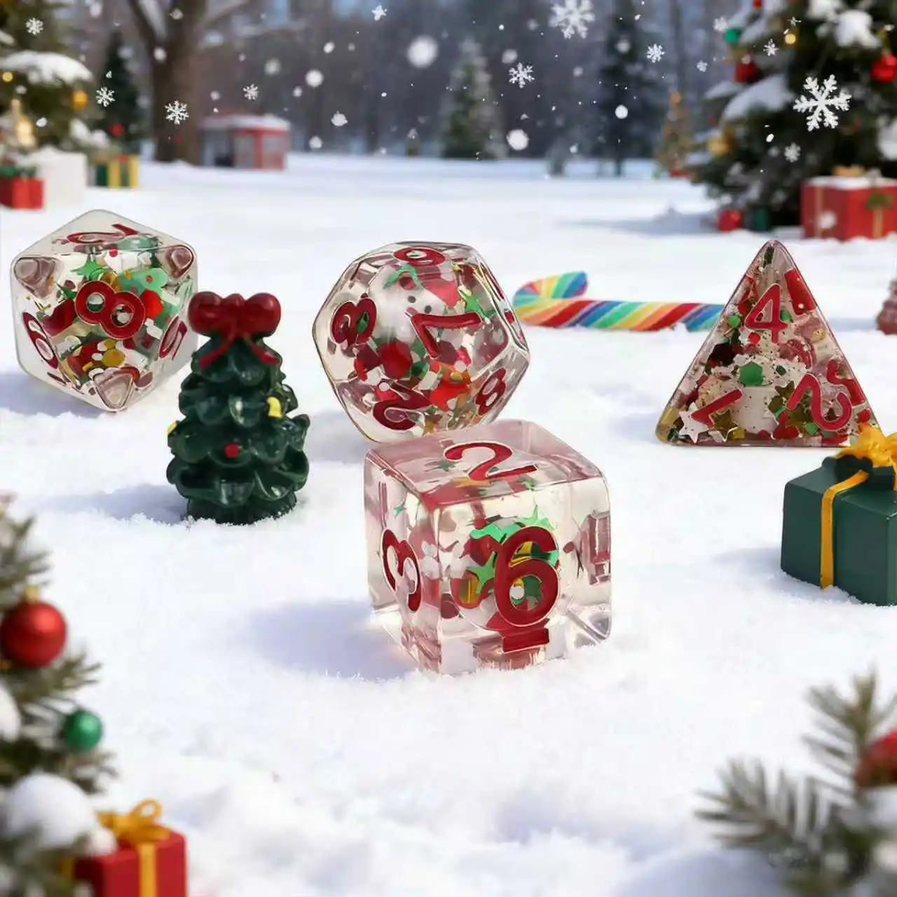 مجموعة نرد شفافة مكونة من 7 قطع مع شخصيات عيد الميلاد ثلاثية الأبعاد - لعبة عيد الشكر، لوازم الحفلات الخارجية، هدية عيد الميلاد والعطلات #3