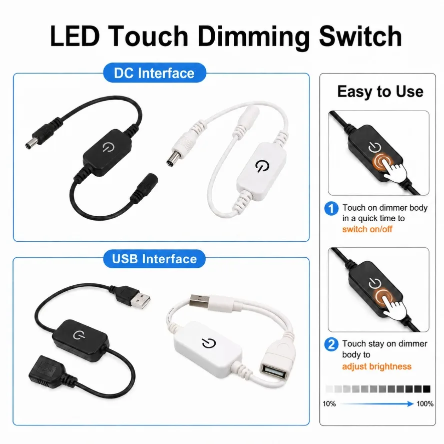 DC5V-24V LED Touch Dimming Switch USB DC Interface Touch Control Dimmer Brightness Adjustment Controller for LED Strip Light
