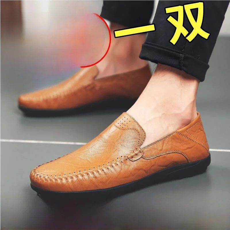 

Men's Casual Leather Shoes Breathable Soft Bottom Slip-On round Toe Flat Heel Fashionable Durable Comfortable Summer New Arrival
