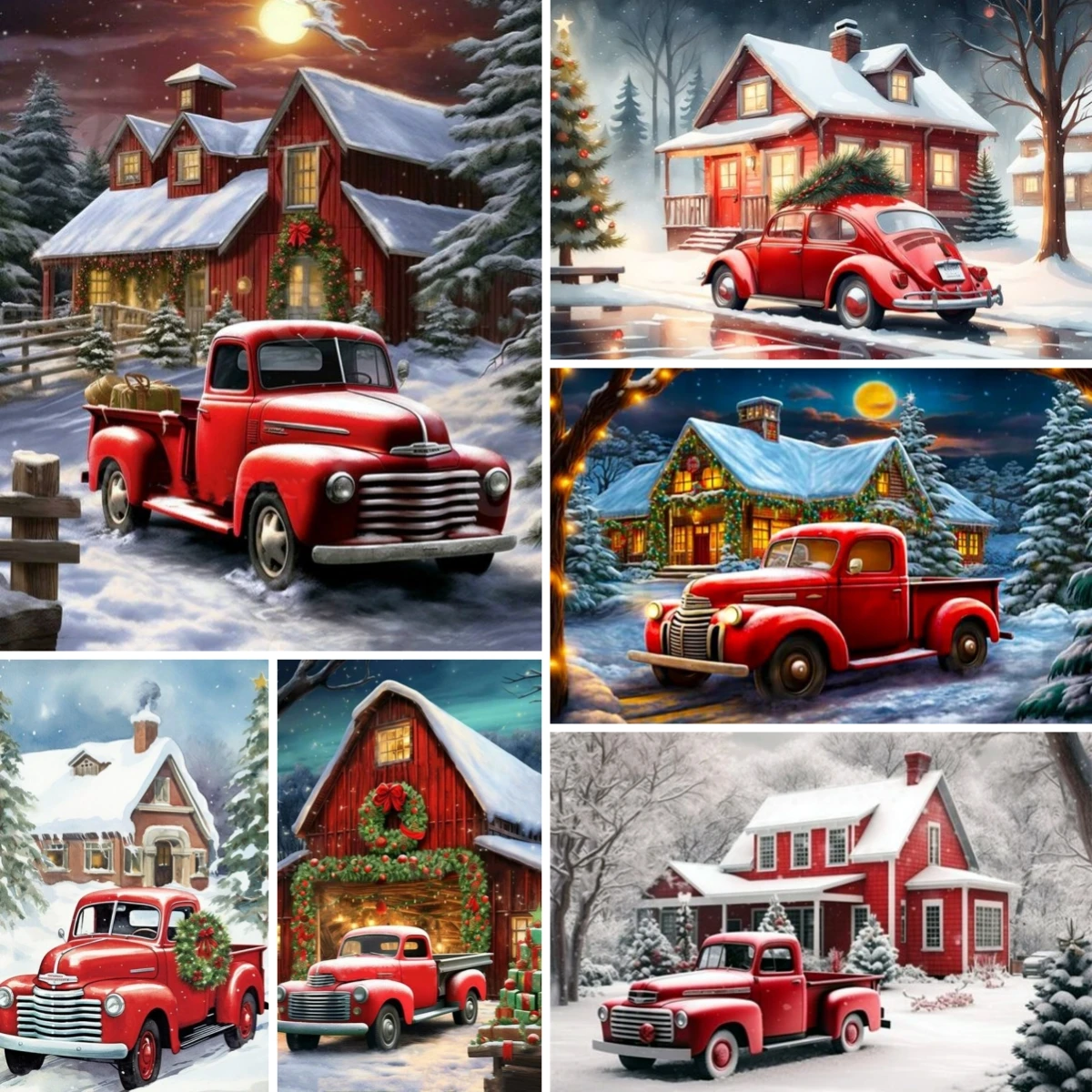 크리스마스 빨간 트럭 및 스노우 캐빈 오두막 DIY 다이아몬드 페인팅 크로스 스티치 키트, 바느질 다이아몬드 모자이크 자수, 신제품