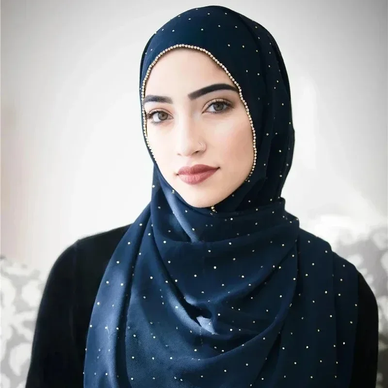 Diamond Hijab Women Chiffon Solid Color Muslim Head Scarf Soft Elegant Fashion Turban Pashmina Bandana Female Foulard Hijab