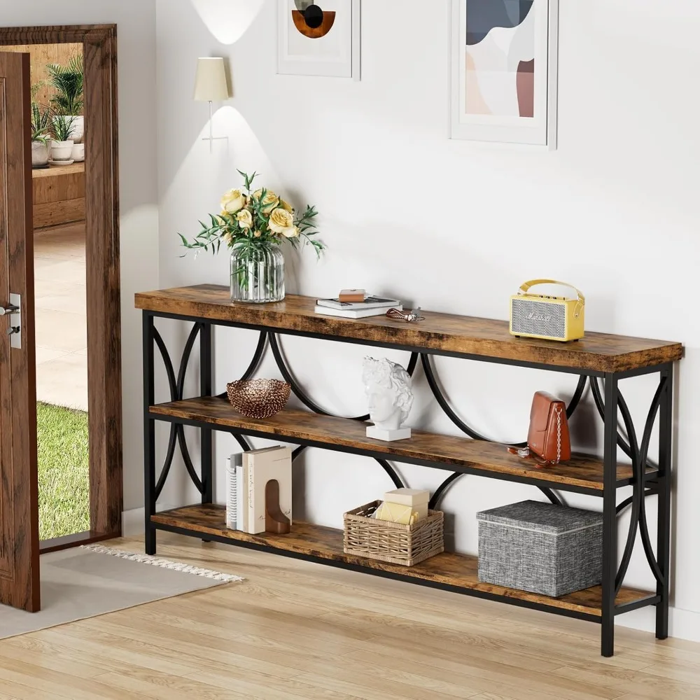 

70.8'' Extra Long Console Table with Storage, 3-Tier Industrial Wood Sofa Tables Narrow Long, Metal Frame Narrow Entryway Table