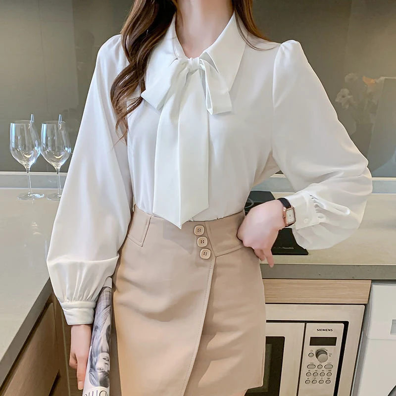 White Elegant Chic Bow Work Wear Korean Fashion Blouse Top Women Spring Autumn Lapel Long Sleeve Button Up Shirt Chemisier Femme