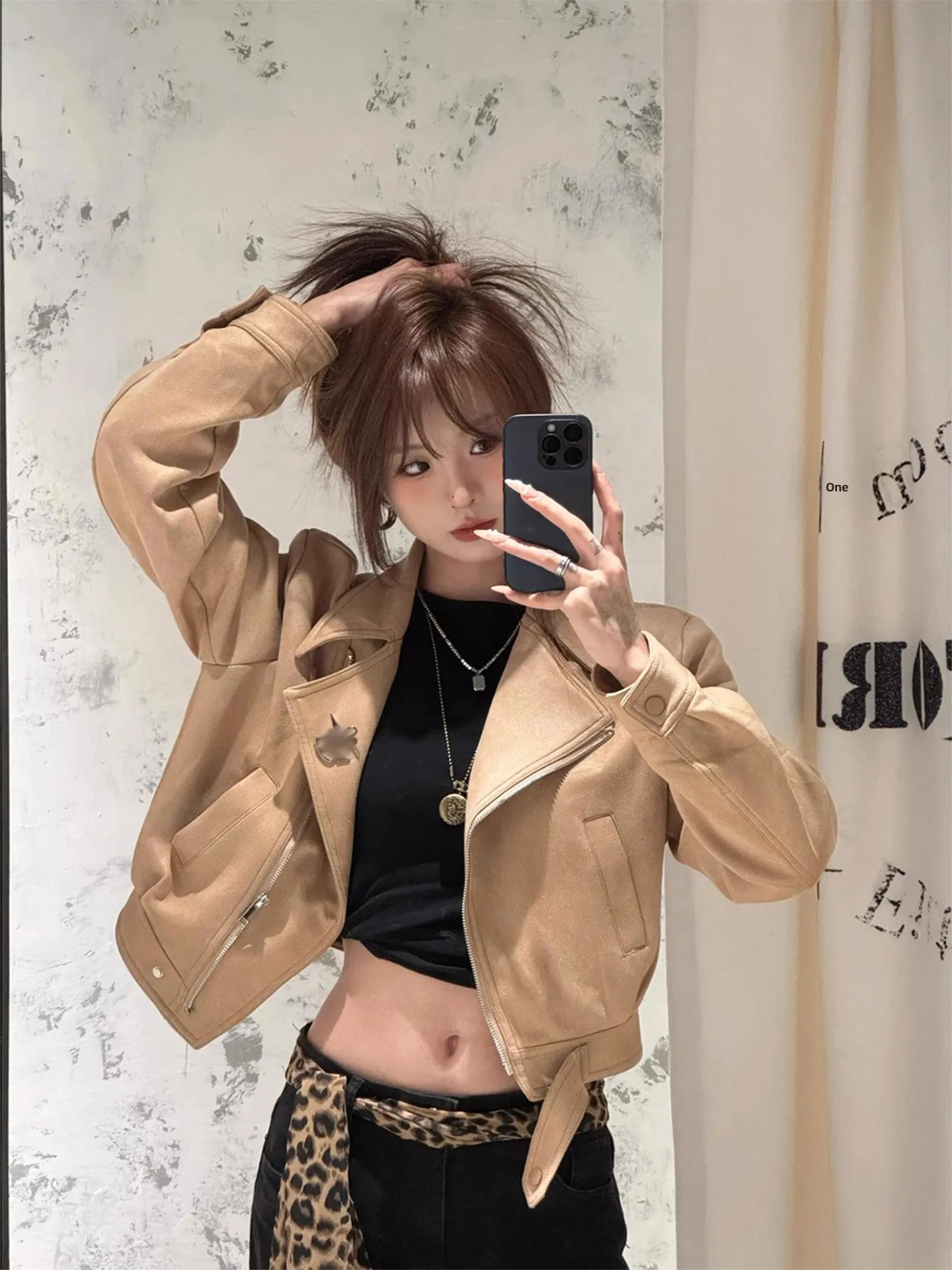 Browan Suede Motorcycle Jacket Women's Short Coat Design Sensation Spring Autumn New Style Warmth Flap Pocket Zipper Closure