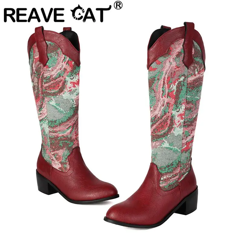 

REAVE CAT Женские сапоги в стиле вестерн с круглым носком и блочным каблуком 5 см, без шнуровки, с вышивкой, смешанные цвета, большой размер 44 45 46, повседневные сапоги до колена