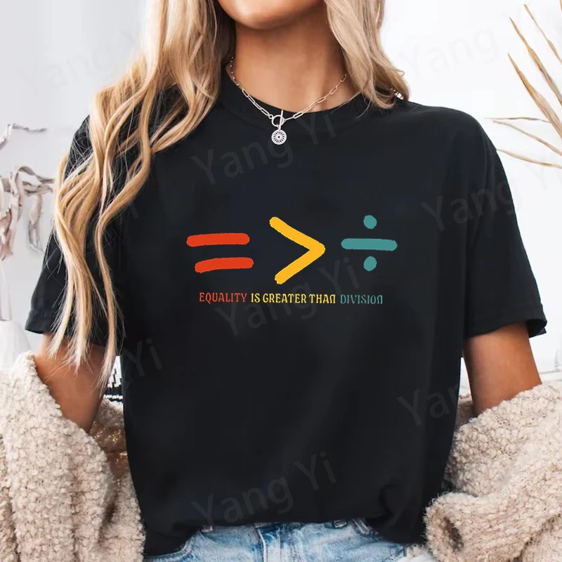 Fashion EQUALITY IS GREATER THAN DIVISION Print T-shirt Unisex Loose Short Sleeve Round Neck Men Women Top Mathematical Symbols
